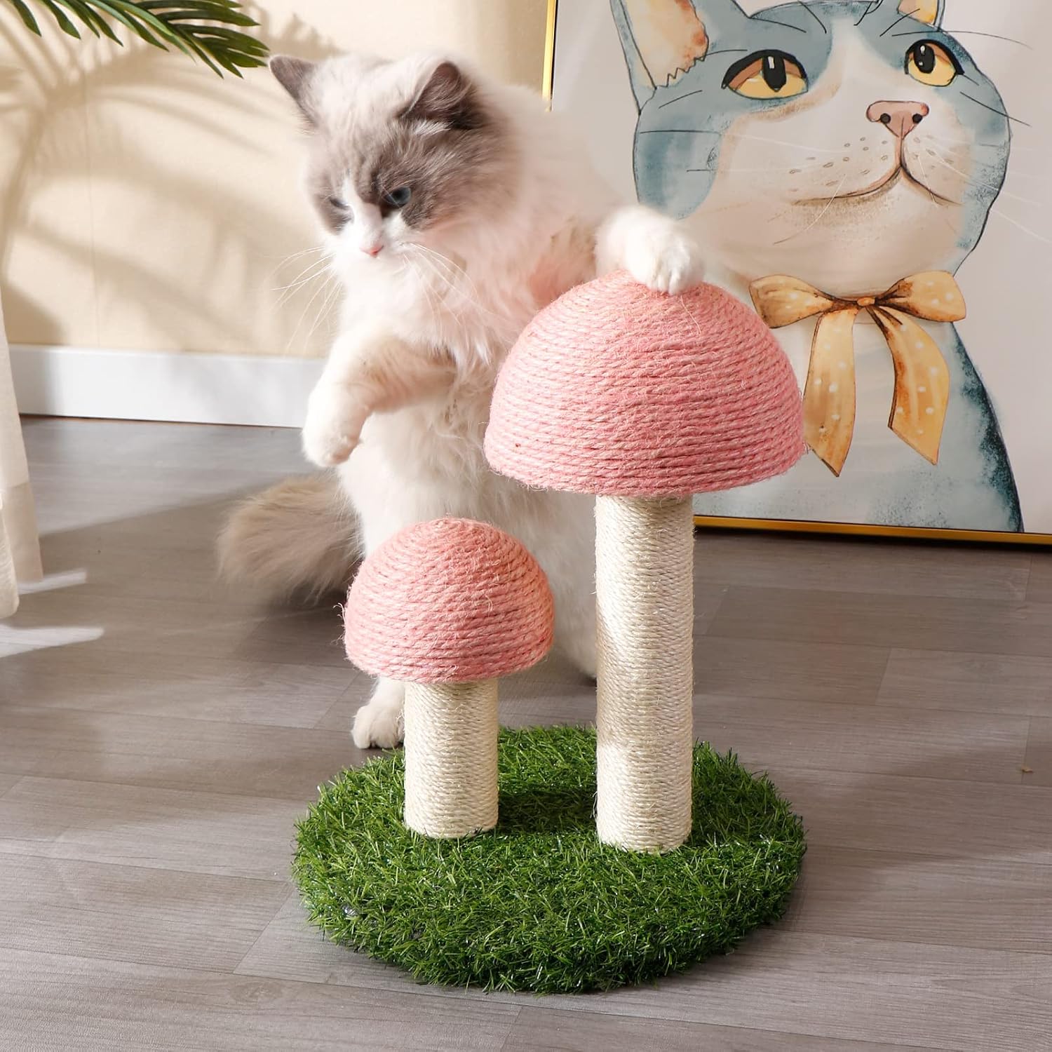 KFX-3404605 Mushroom Cat Scratching Post with Natural Sisal Caps and Sturdy Base for Small Cats
