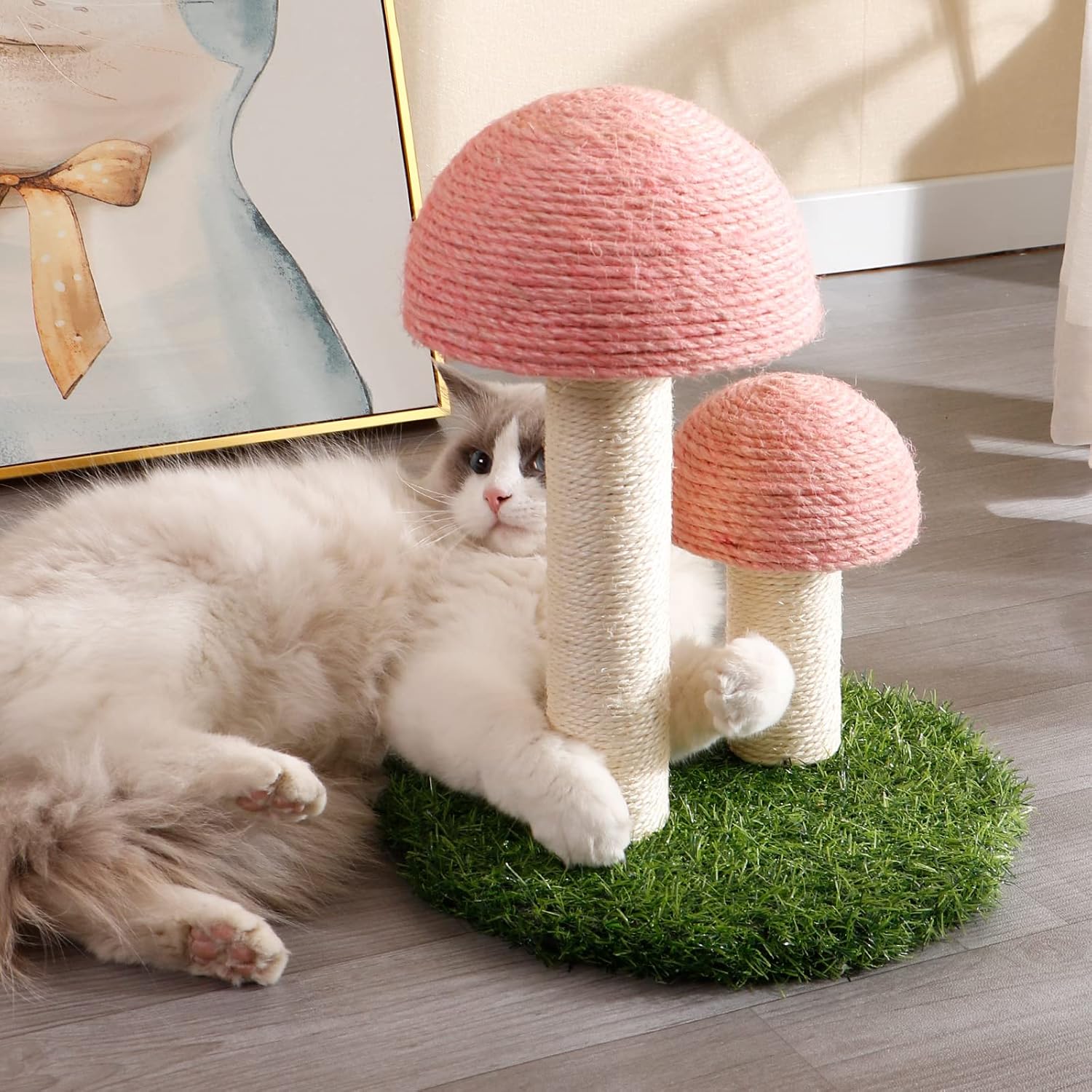KFX-3404605 Mushroom Cat Scratching Post with Natural Sisal Caps and Sturdy Base for Small Cats