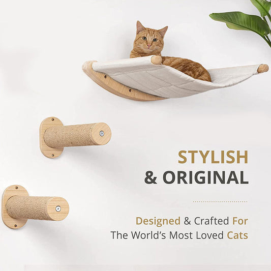 KFX-3404733 Stylish Wall-Mounted Wooden Cat Bed and Climber Set