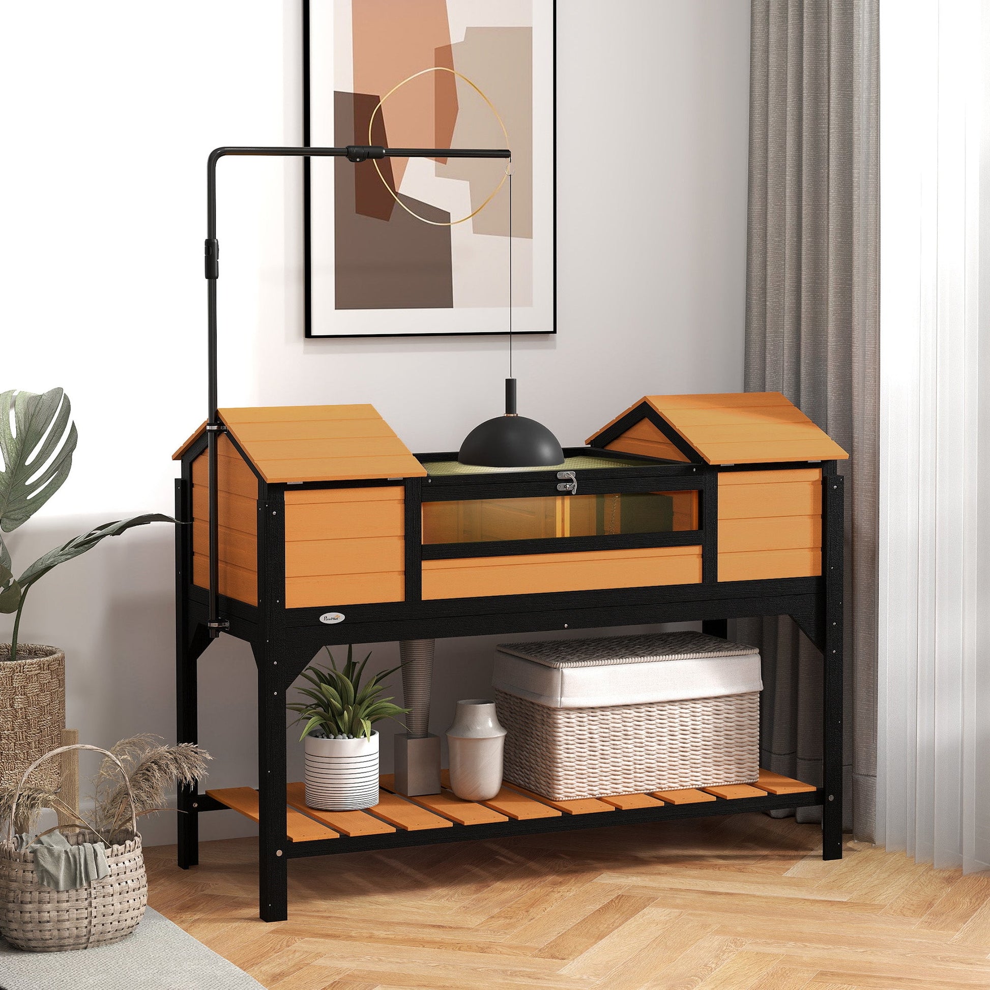 KFX-3406781 Tortoise Enclosure with Dual Hide Boxes, Adjustable Lamp Holder, and Storage Shelf - Yellow Wooden Design