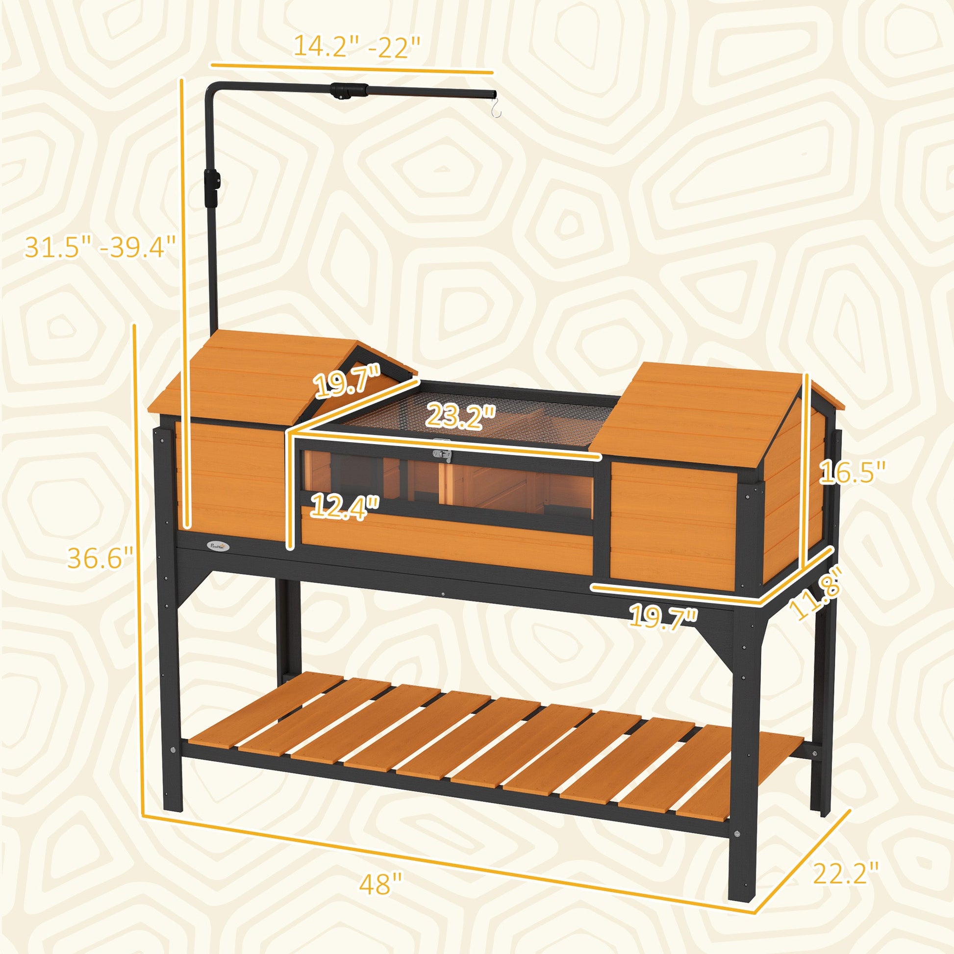 KFX-3406781 Tortoise Enclosure with Dual Hide Boxes, Adjustable Lamp Holder, and Storage Shelf - Yellow Wooden Design