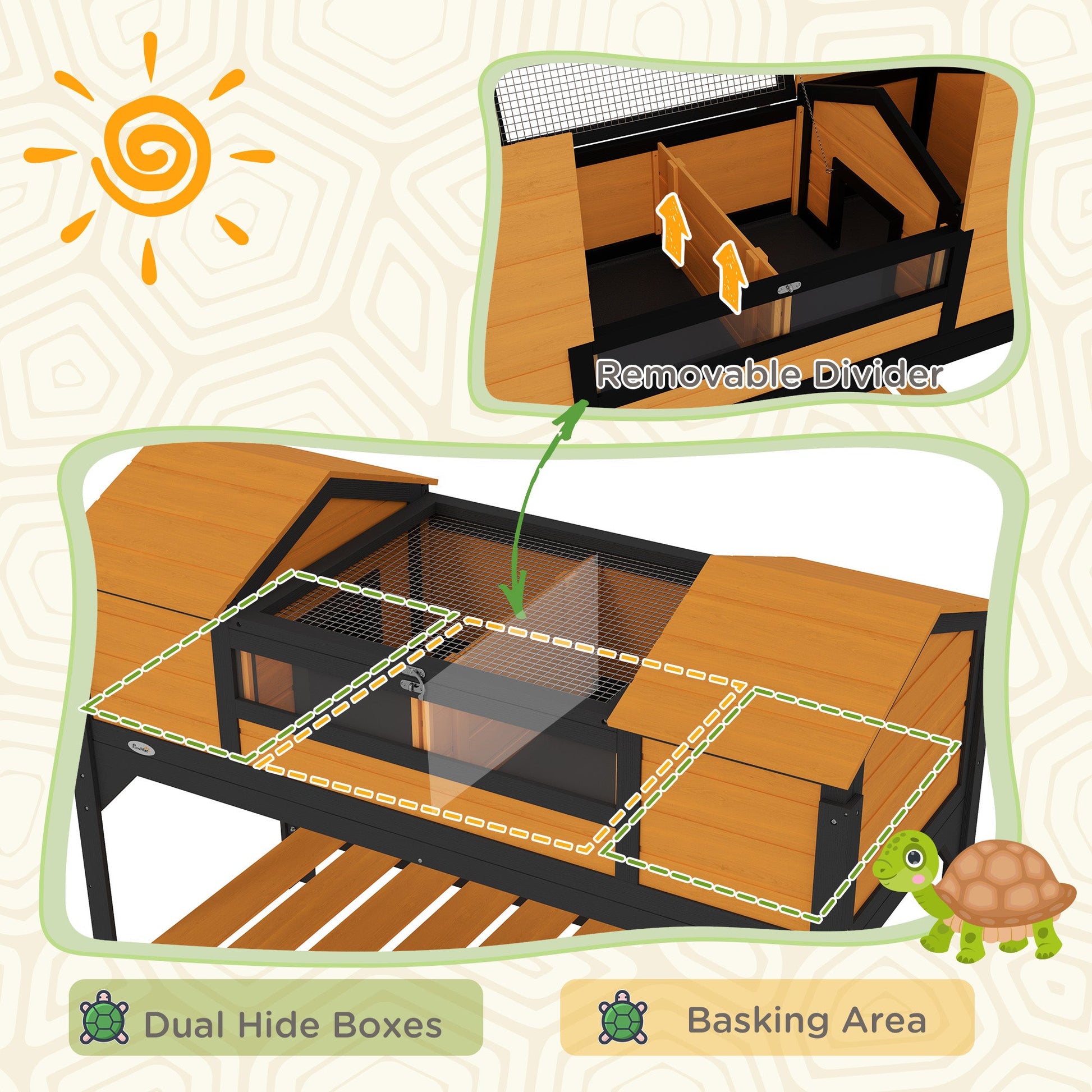 KFX-3406781 Tortoise Enclosure with Dual Hide Boxes, Adjustable Lamp Holder, and Storage Shelf - Yellow Wooden Design