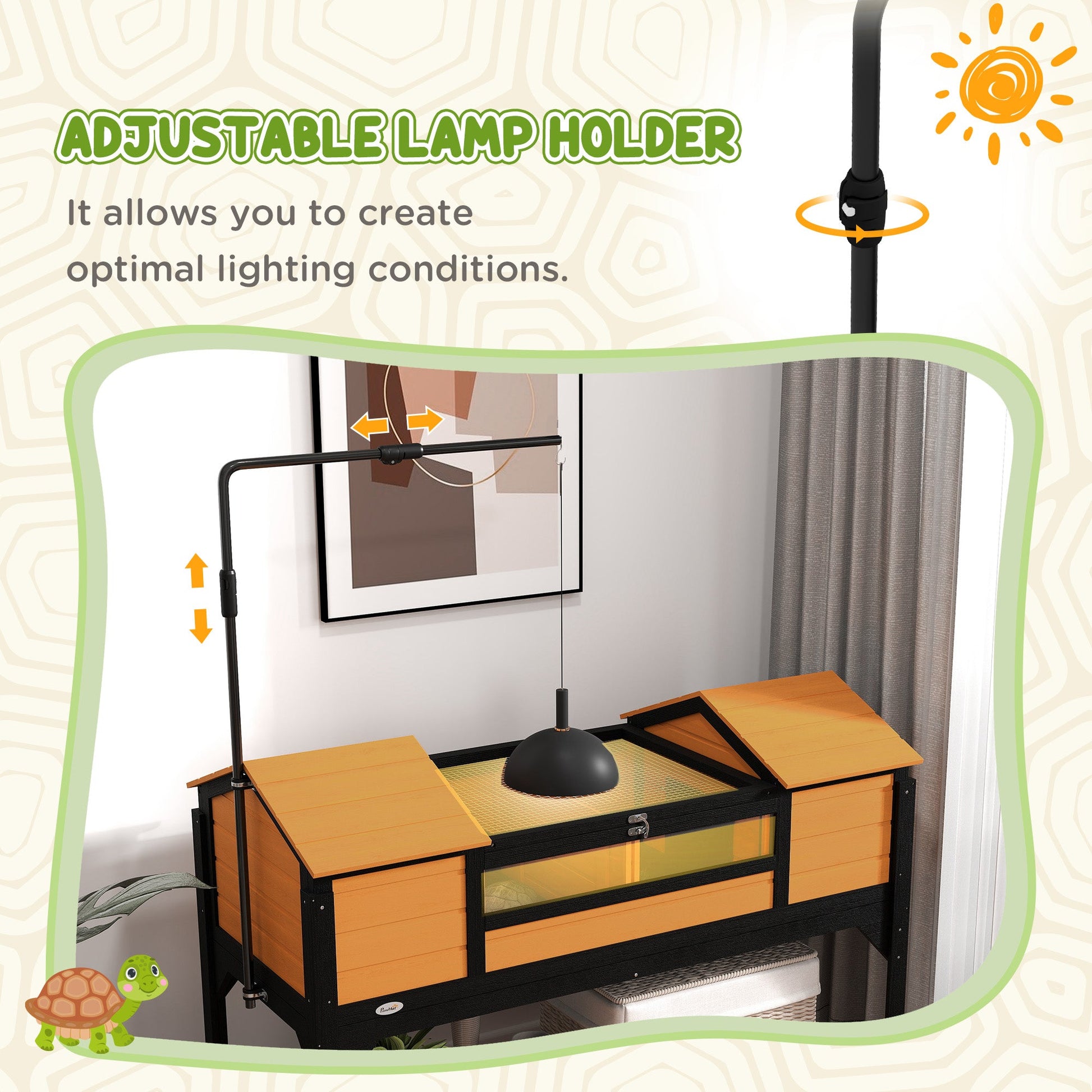 KFX-3406781 Tortoise Enclosure with Dual Hide Boxes, Adjustable Lamp Holder, and Storage Shelf - Yellow Wooden Design