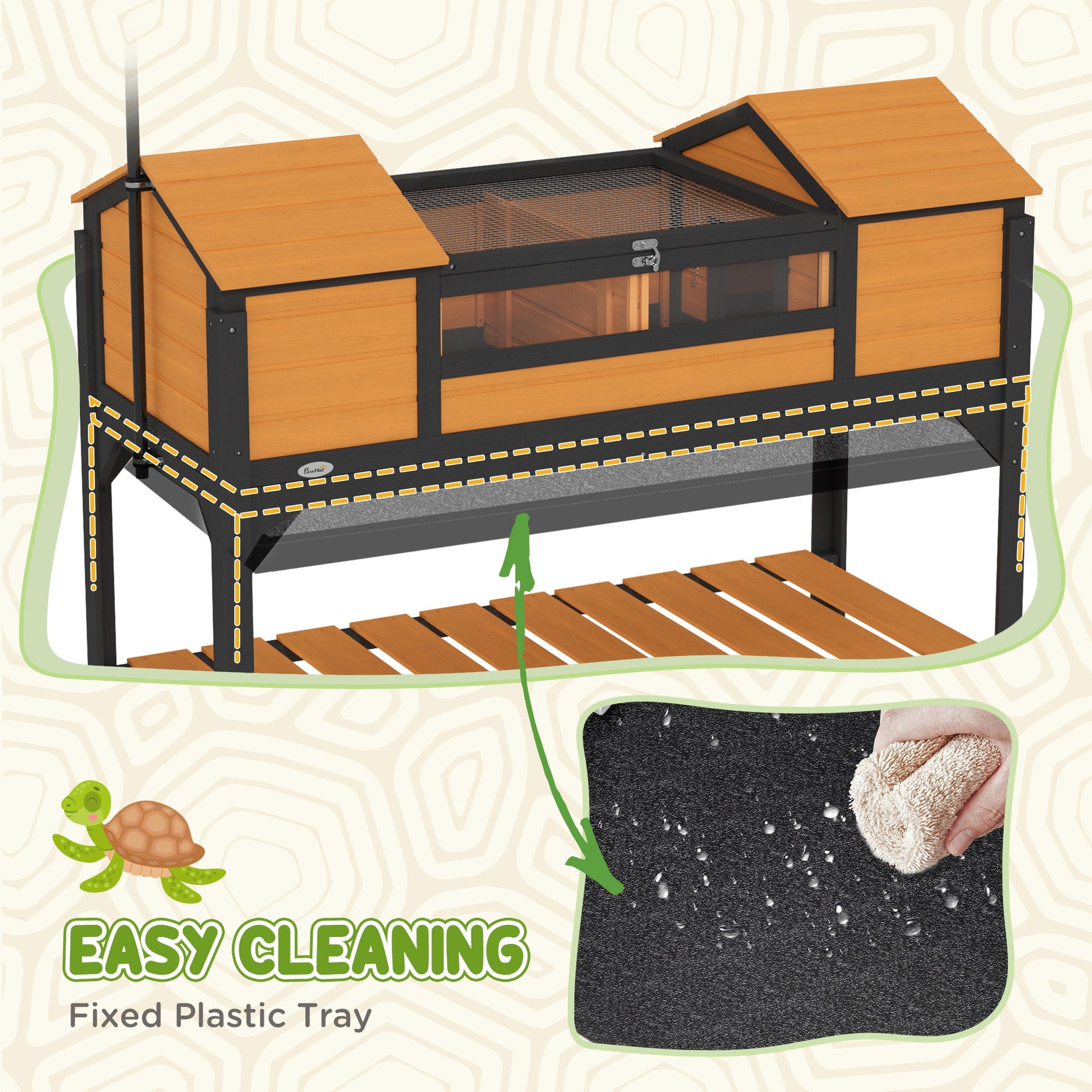 KFX-3406781 Tortoise Enclosure with Dual Hide Boxes, Adjustable Lamp Holder, and Storage Shelf - Yellow Wooden Design