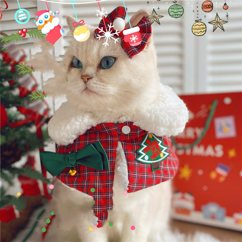 KFX-3417021 Festive Cat Shawl Cloak with Bell and Hairpin in Green and Red - Sizes XS to L