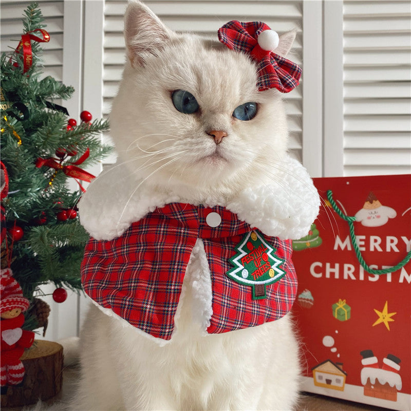 KFX-3417021 Festive Cat Shawl Cloak with Bell and Hairpin in Green and Red - Sizes XS to L
