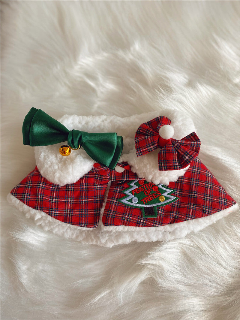 KFX-3417021 Festive Cat Shawl Cloak with Bell and Hairpin in Green and Red - Sizes XS to L