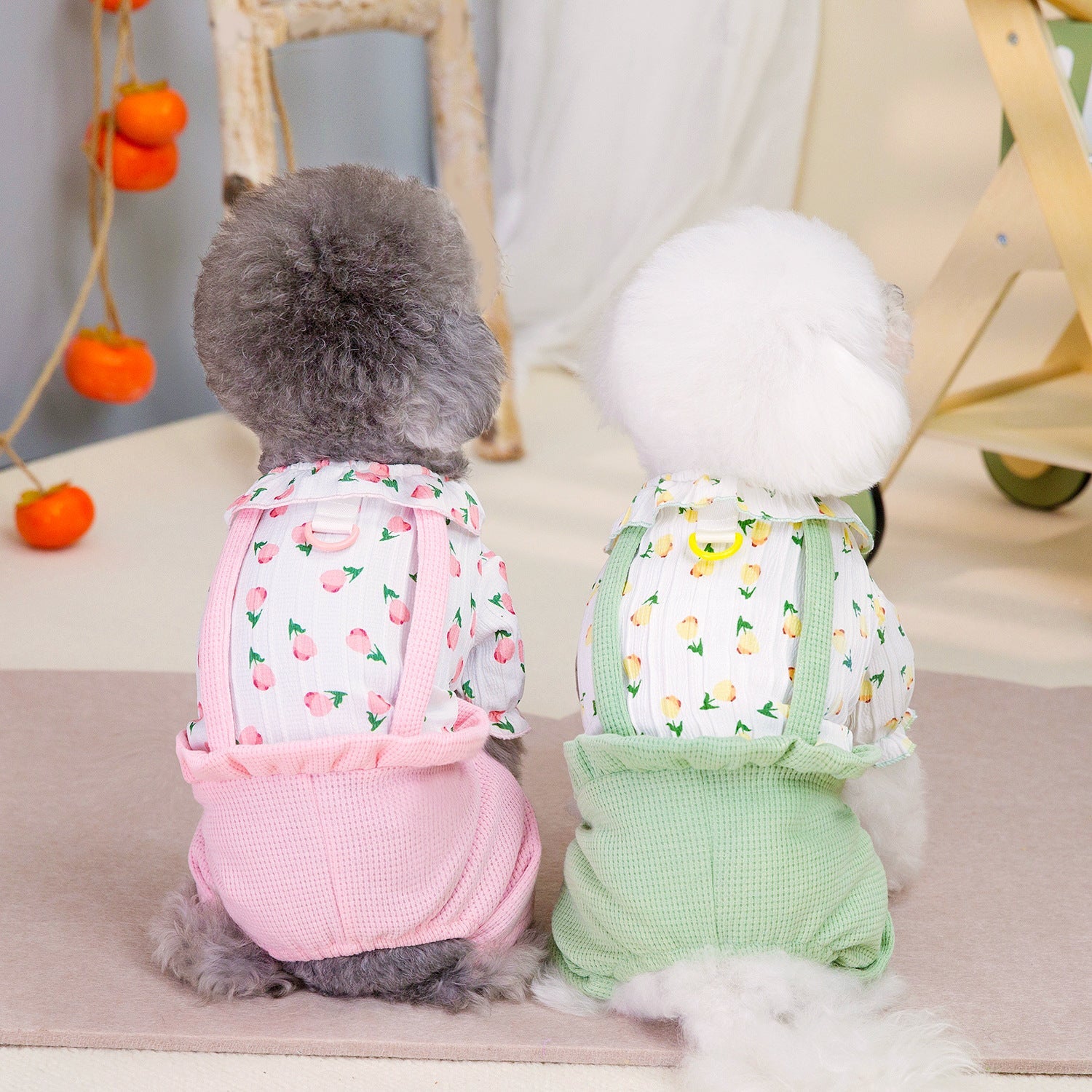 KFX-3419197 Personalized Floral Dog Clothes in Pink and Green - Casual Polyester Pet Apparel for All Sizes