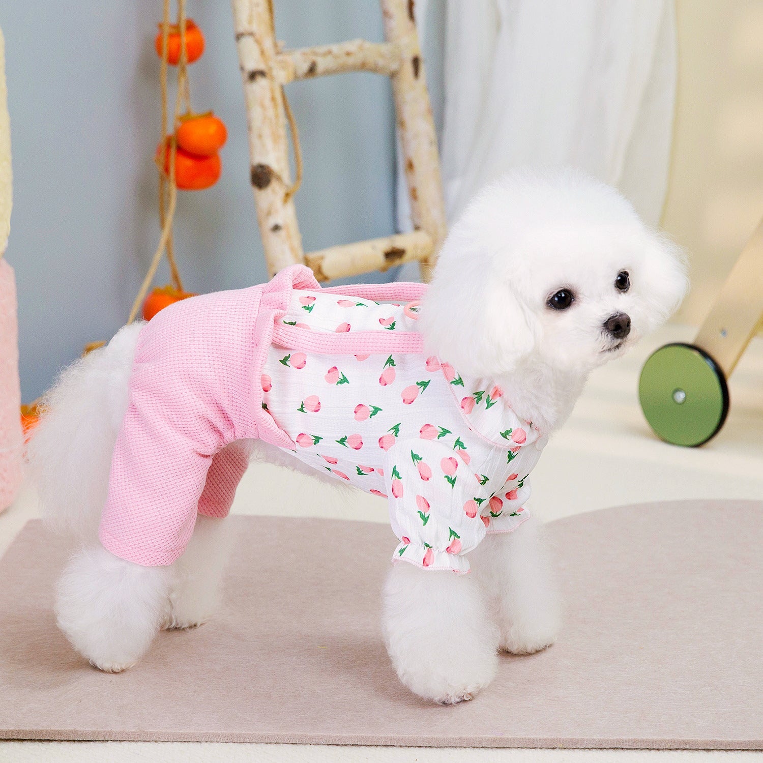 KFX-3419197 Personalized Floral Dog Clothes in Pink and Green - Casual Polyester Pet Apparel for All Sizes