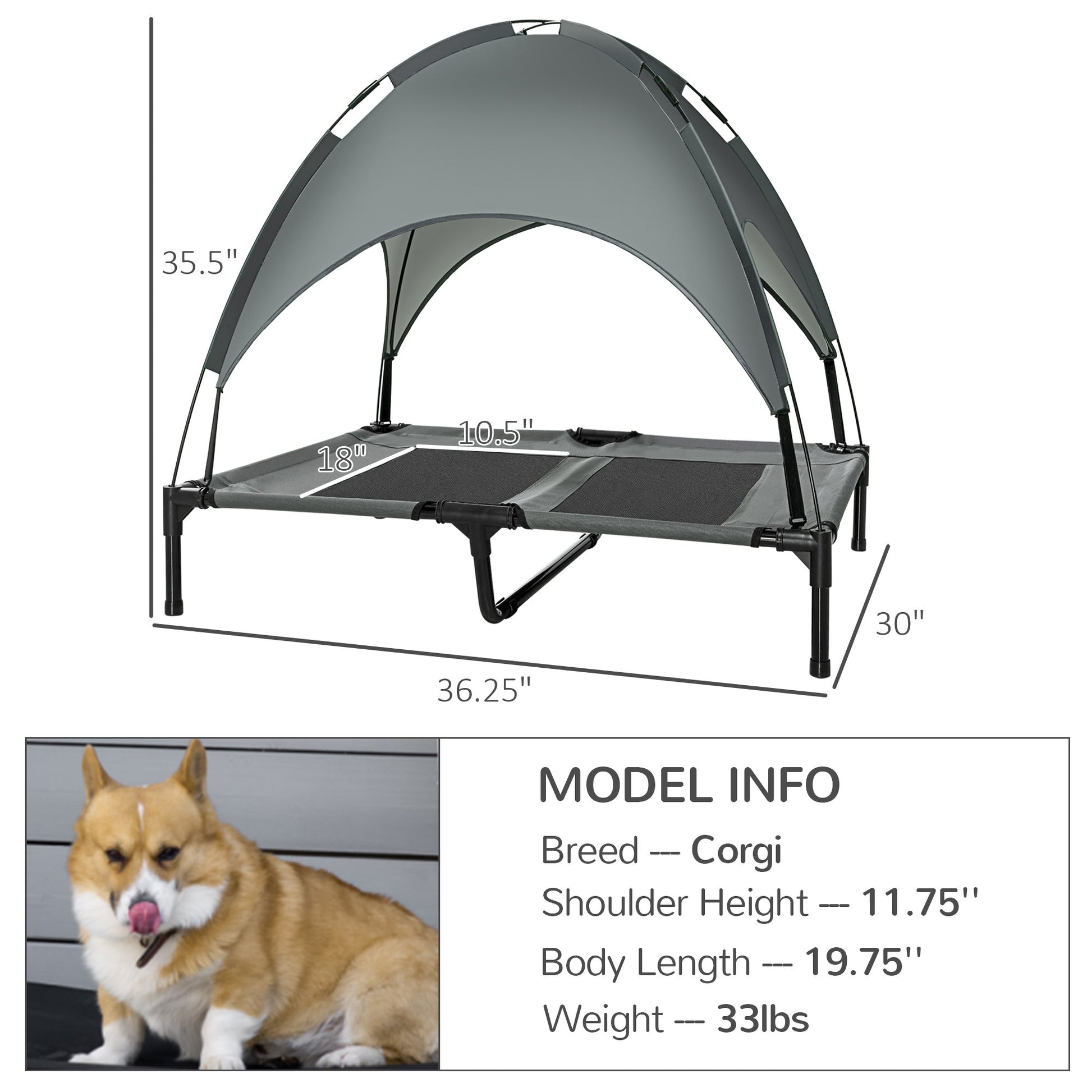 KFX-3423037 Elevated Dog Bed with Removable Canopy Shade, Portable Outdoor Cot for Pets, Gray, 36 Inch, Supports 66 lbs