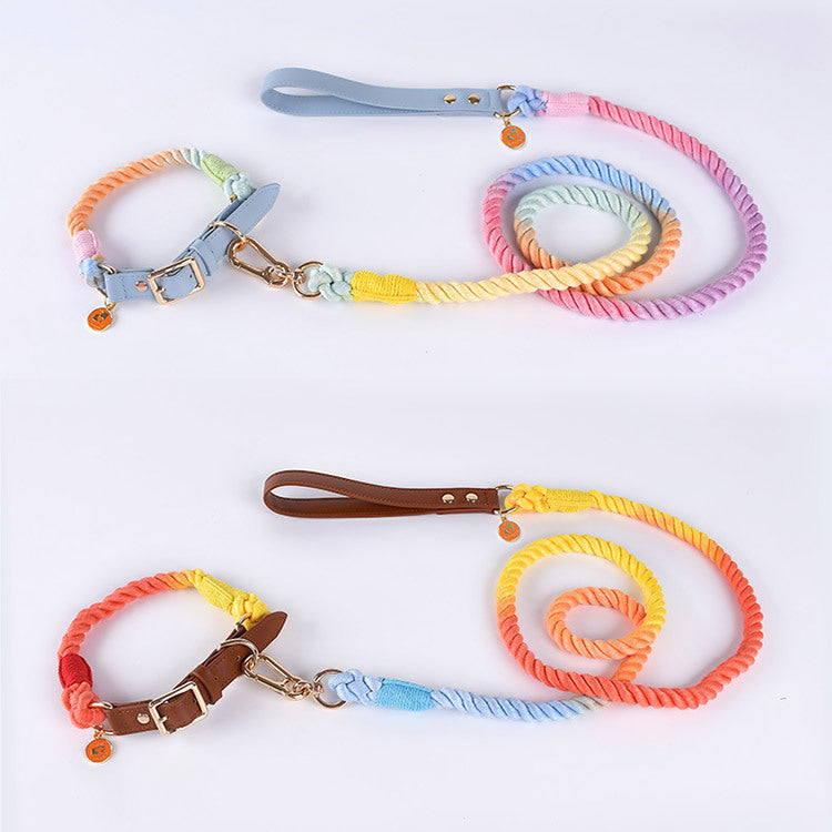 KFX-3424189 Cotton Rope and Leather Dog Leash and Collar Set for Medium to Large Dogs, Multiple Colors Available