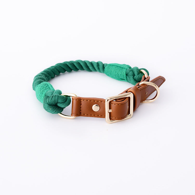 KFX-3424189 Cotton Rope and Leather Dog Leash and Collar Set for Medium to Large Dogs, Multiple Colors Available