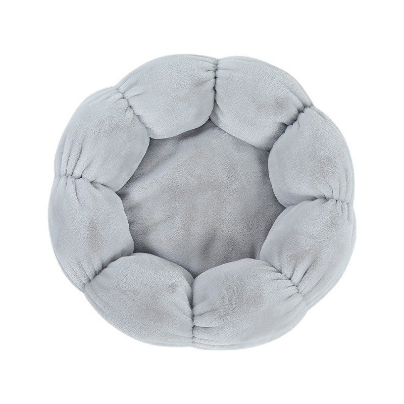 KFX-3424445 Plush Round Flower-Shaped Doghouse in Light Pink, Light Green, and Gray - Soft Cloth Pet Nest