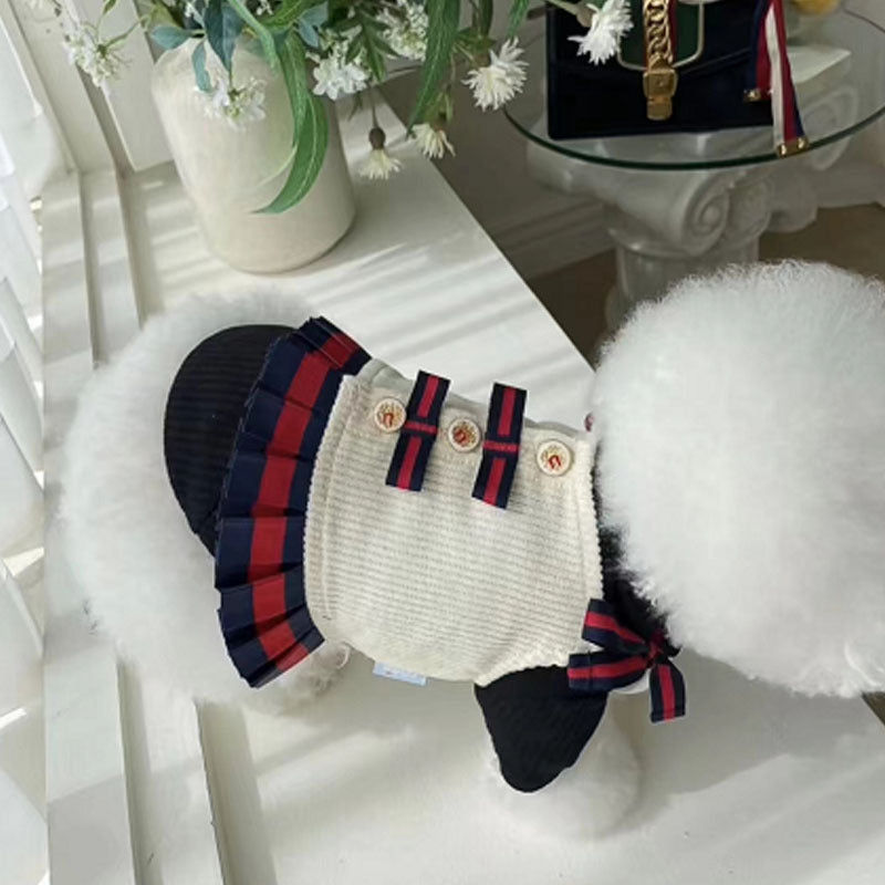KFX-3424957 Plush Suspender Skirt for Dogs - Warm British Style in Off-White and Navy, Sizes S to XXXL