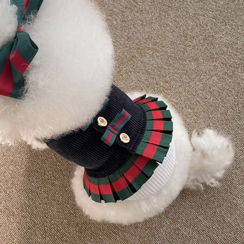KFX-3424957 Plush Suspender Skirt for Dogs - Warm British Style in Off-White and Navy, Sizes S to XXXL