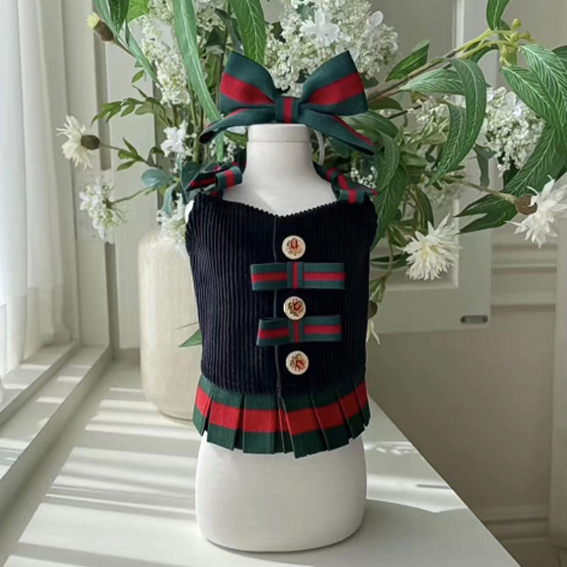 KFX-3424957 Plush Suspender Skirt for Dogs - Warm British Style in Off-White and Navy, Sizes S to XXXL