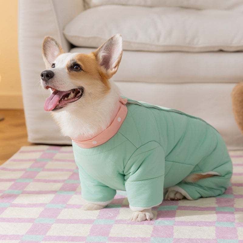 KFX-3428925 Cozy Quilted Pet Jumpsuit for Medium Dogs with Removable Caps in Brown and Mint