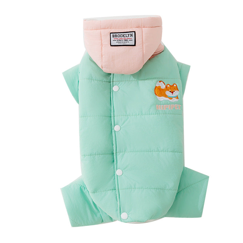 KFX-3428925 Cozy Quilted Pet Jumpsuit for Medium Dogs with Removable Caps in Brown and Mint