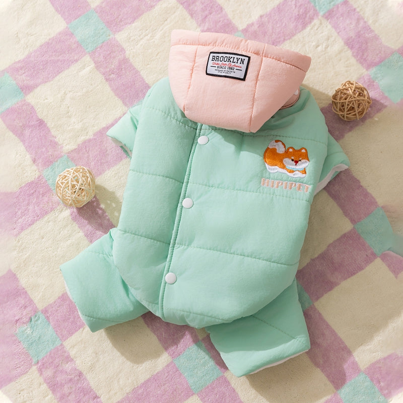 KFX-3428925 Cozy Quilted Pet Jumpsuit for Medium Dogs with Removable Caps in Brown and Mint
