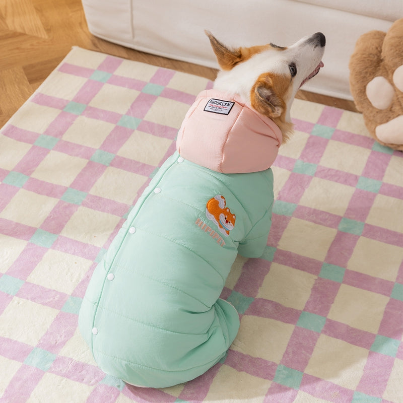 KFX-3428925 Cozy Quilted Pet Jumpsuit for Medium Dogs with Removable Caps in Brown and Mint