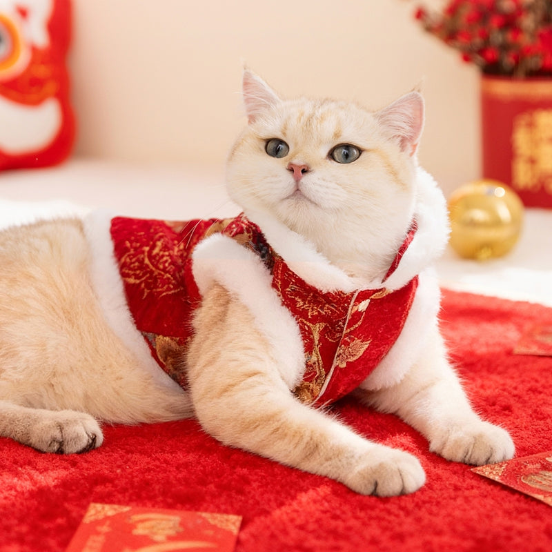 KFX-3434685 Traditional Chinese Knot Pet Vest with Faux Fur Trim for Lunar New Year Celebrations