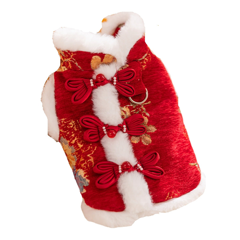 KFX-3434685 Traditional Chinese Knot Pet Vest with Faux Fur Trim for Lunar New Year Celebrations
