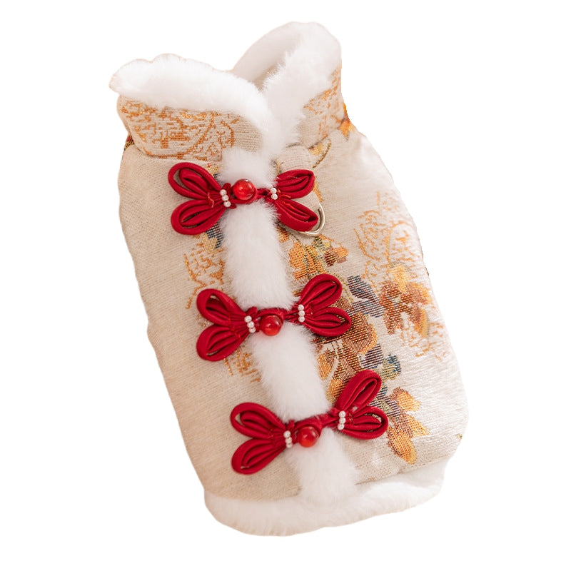 KFX-3434685 Traditional Chinese Knot Pet Vest with Faux Fur Trim for Lunar New Year Celebrations
