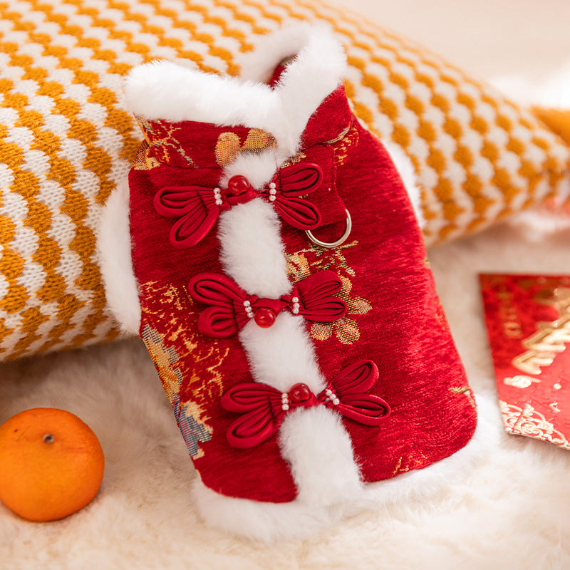 KFX-3434685 Traditional Chinese Knot Pet Vest with Faux Fur Trim for Lunar New Year Celebrations
