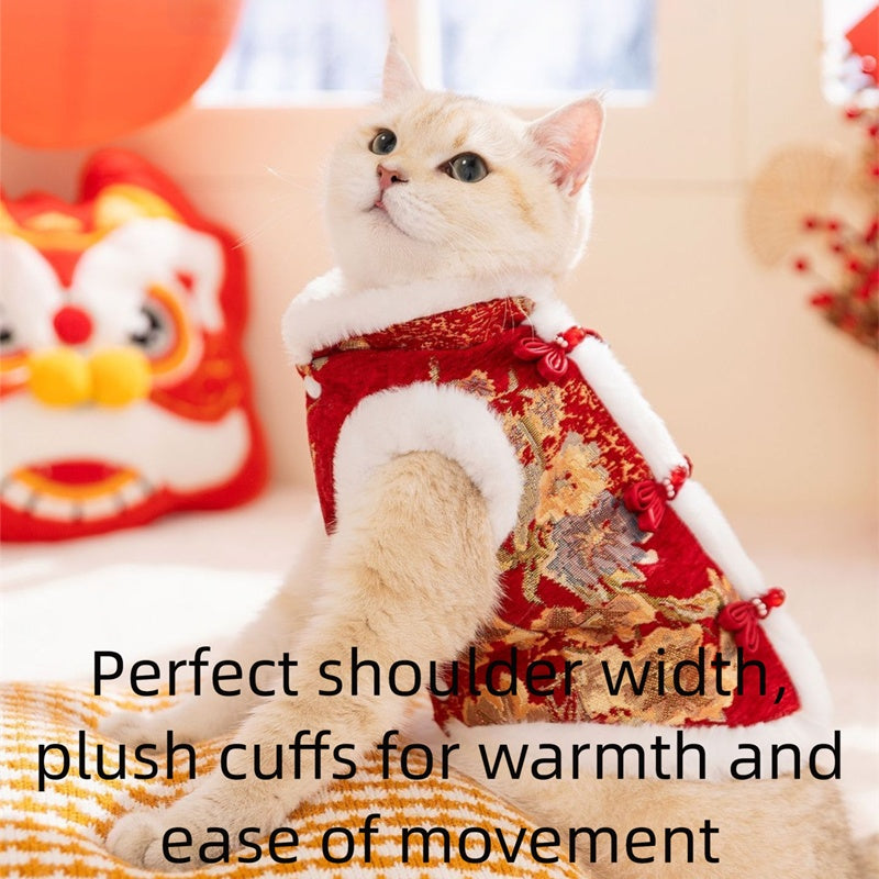 KFX-3434685 Traditional Chinese Knot Pet Vest with Faux Fur Trim for Lunar New Year Celebrations