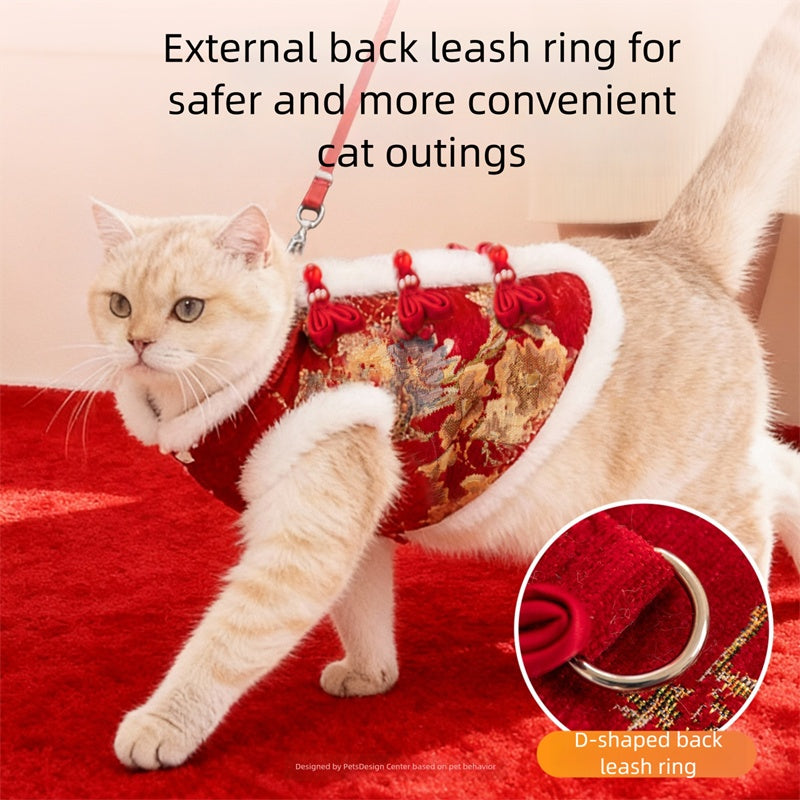 KFX-3434685 Traditional Chinese Knot Pet Vest with Faux Fur Trim for Lunar New Year Celebrations