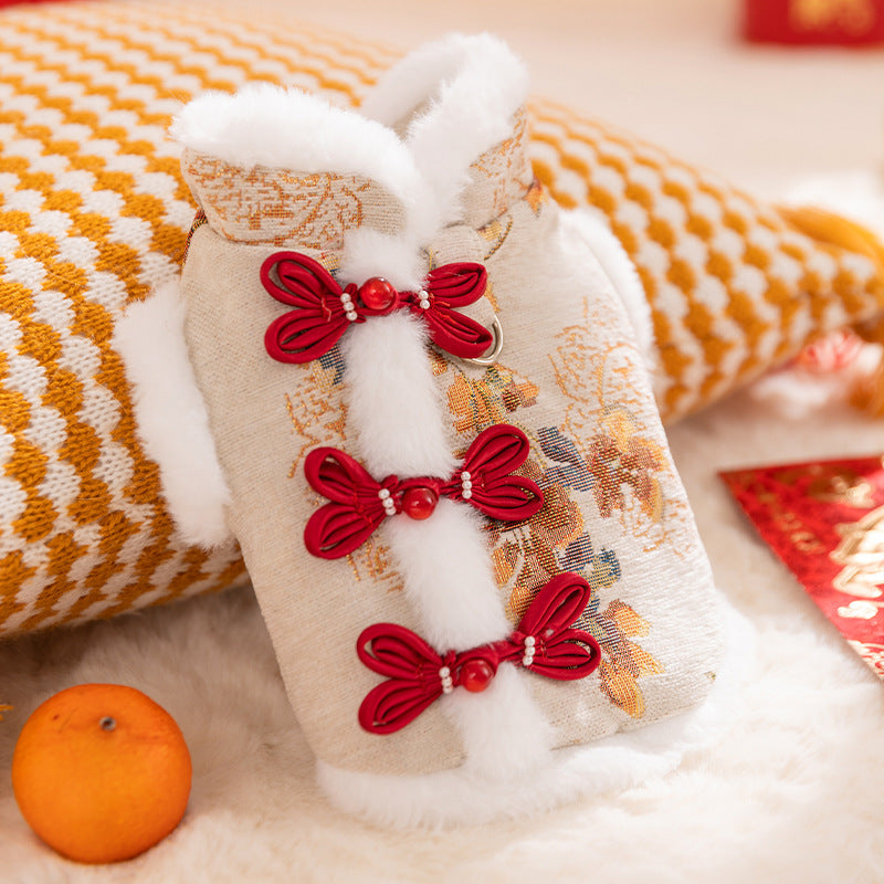 KFX-3434685 Traditional Chinese Knot Pet Vest with Faux Fur Trim for Lunar New Year Celebrations