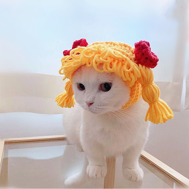 KFX-3434941 Cute Braid Pet Hat for All Seasons with Bow Design in Yellow, Brown, or Gray Options
