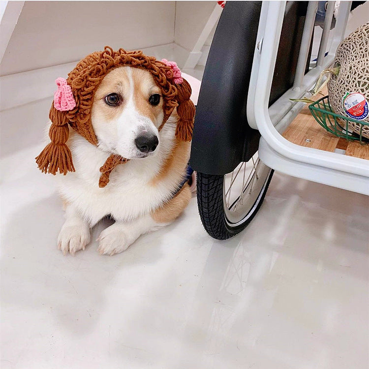 KFX-3434941 Cute Braid Pet Hat for All Seasons with Bow Design in Yellow, Brown, or Gray Options