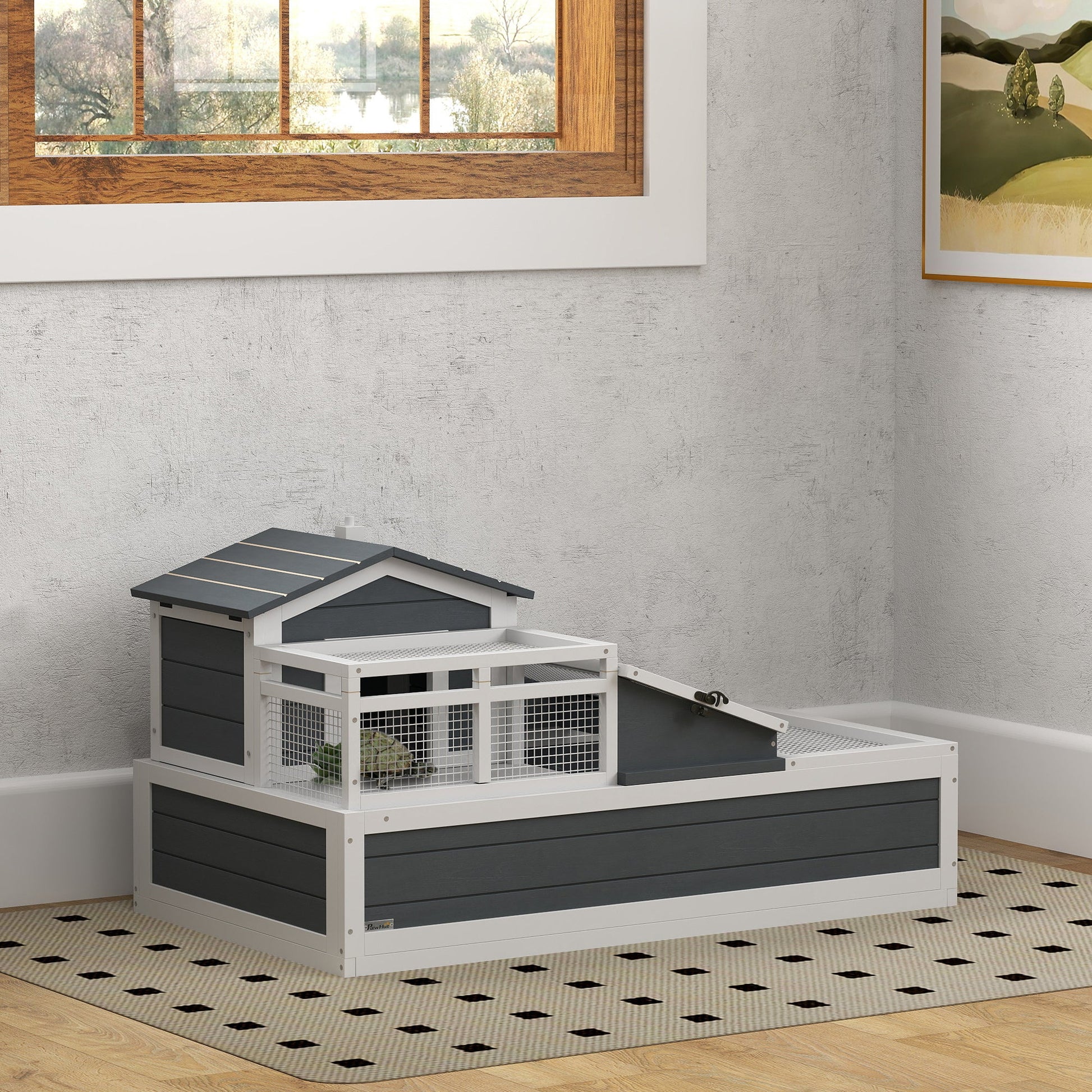 KFX-3439549 3-Room Tortoise Habitat with Balcony, 2 Stories, 44" x 25.5" x 23", Gray Finish