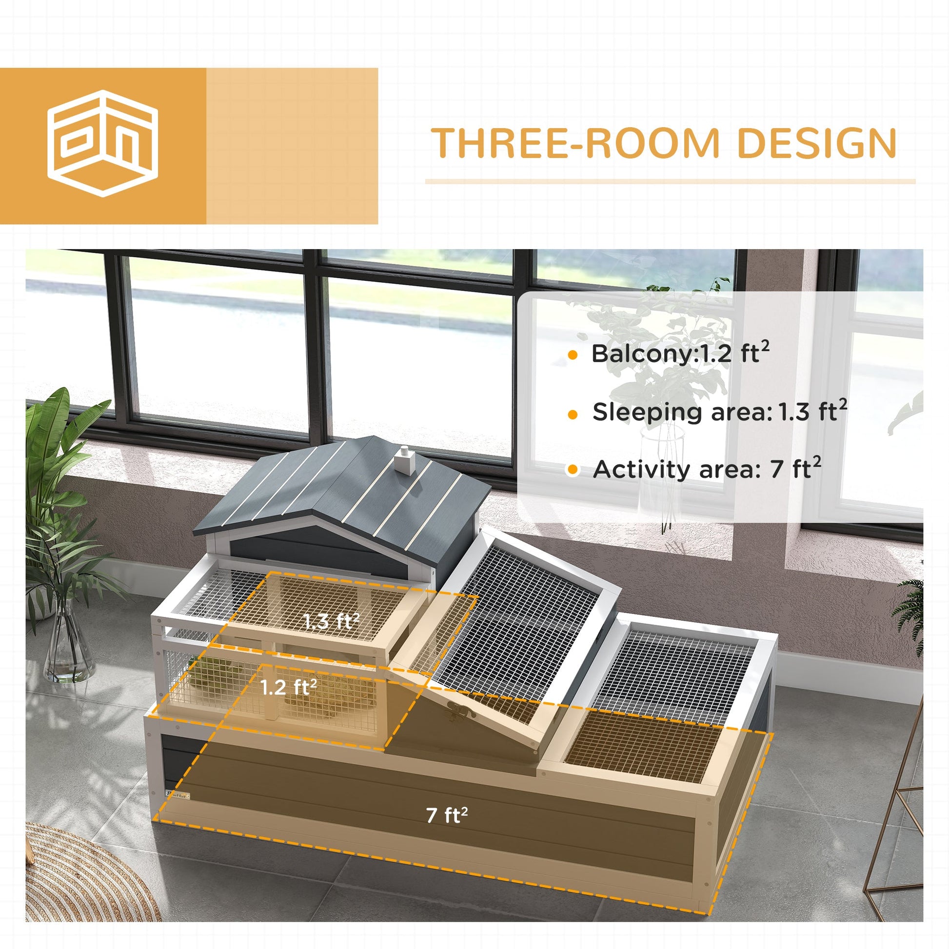 KFX-3439549 3-Room Tortoise Habitat with Balcony, 2 Stories, 44" x 25.5" x 23", Gray Finish