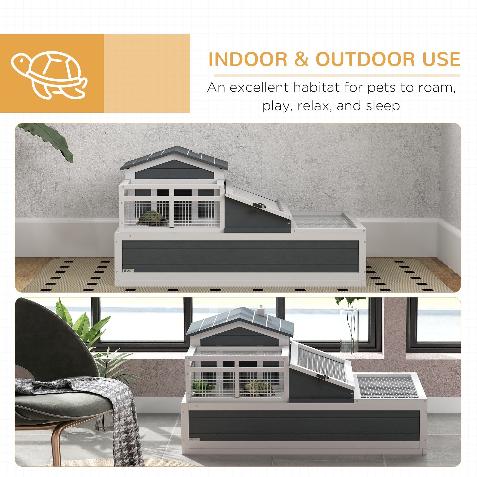 KFX-3439549 3-Room Tortoise Habitat with Balcony, 2 Stories, 44" x 25.5" x 23", Gray Finish