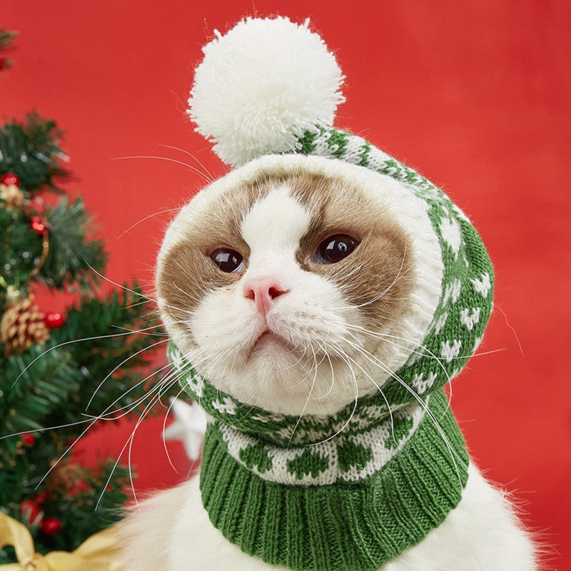 KFX-3440061 Warm Knitted Pet Hat with Snowflake Elk Print for Dogs and Cats, Perfect for Christmas and Halloween