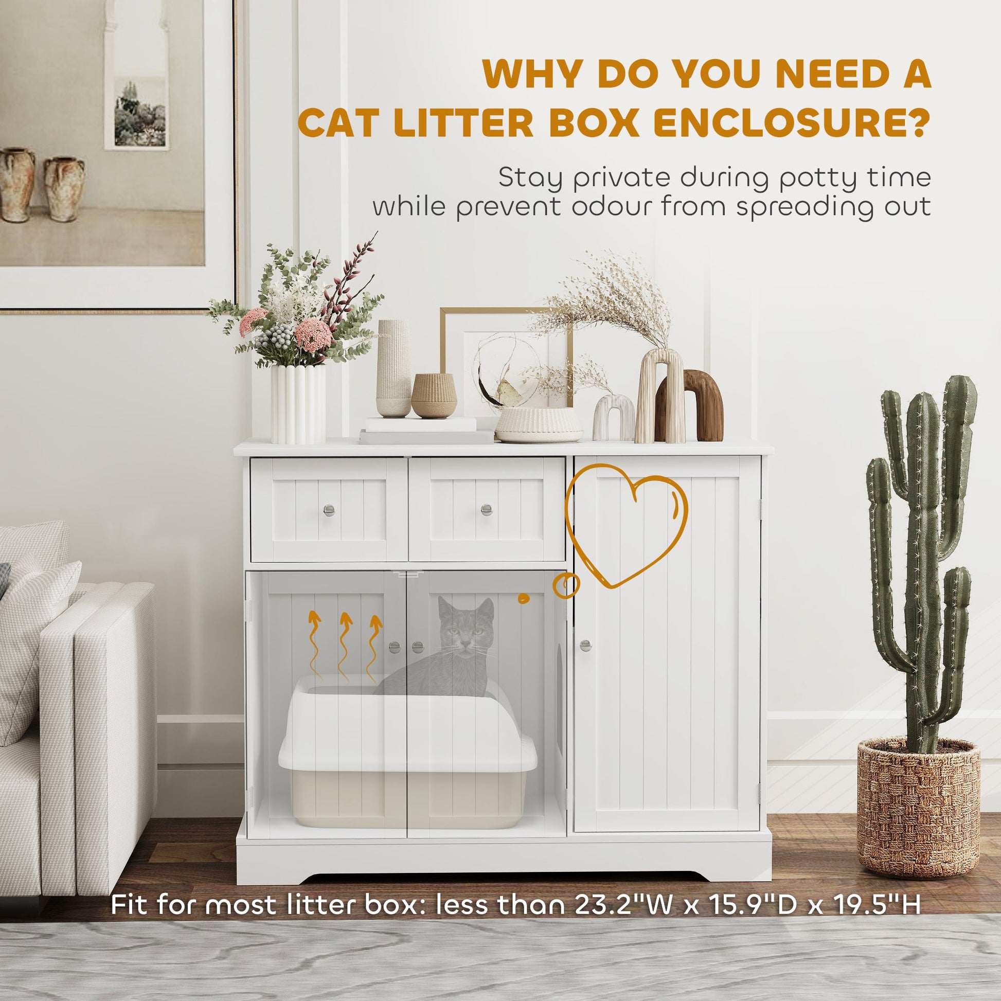 KFX-3447101 Cat Litter Box Enclosure with Storage Drawers - Stylish Furniture Solution for Odor Control and Cat Privacy