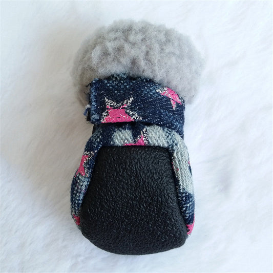 KFX-3448253 Denim Dog Shoes with Anti-Slip Leather and Cotton – White Stars & Pink Stars in Sizes 1-5
