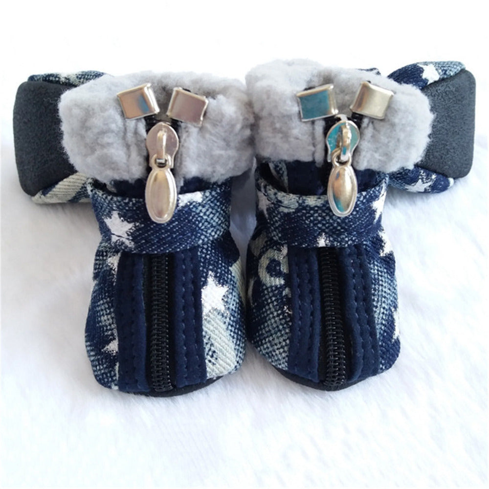 KFX-3448253 Denim Dog Shoes with Anti-Slip Leather and Cotton – White Stars & Pink Stars in Sizes 1-5