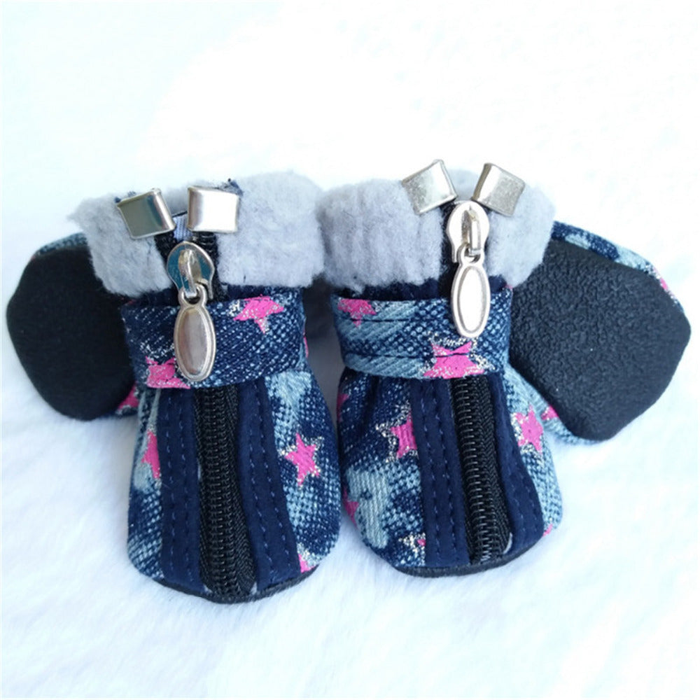 KFX-3448253 Denim Dog Shoes with Anti-Slip Leather and Cotton – White Stars & Pink Stars in Sizes 1-5