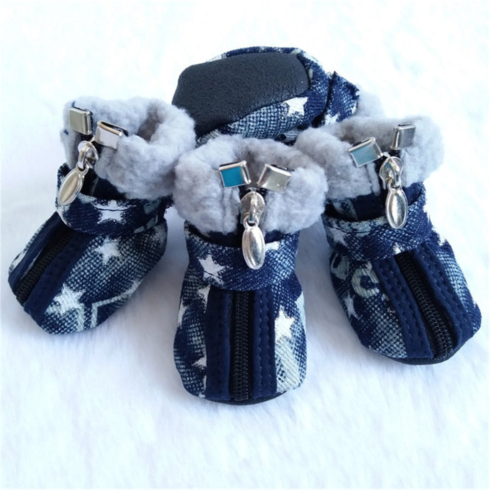KFX-3448253 Denim Dog Shoes with Anti-Slip Leather and Cotton – White Stars & Pink Stars in Sizes 1-5