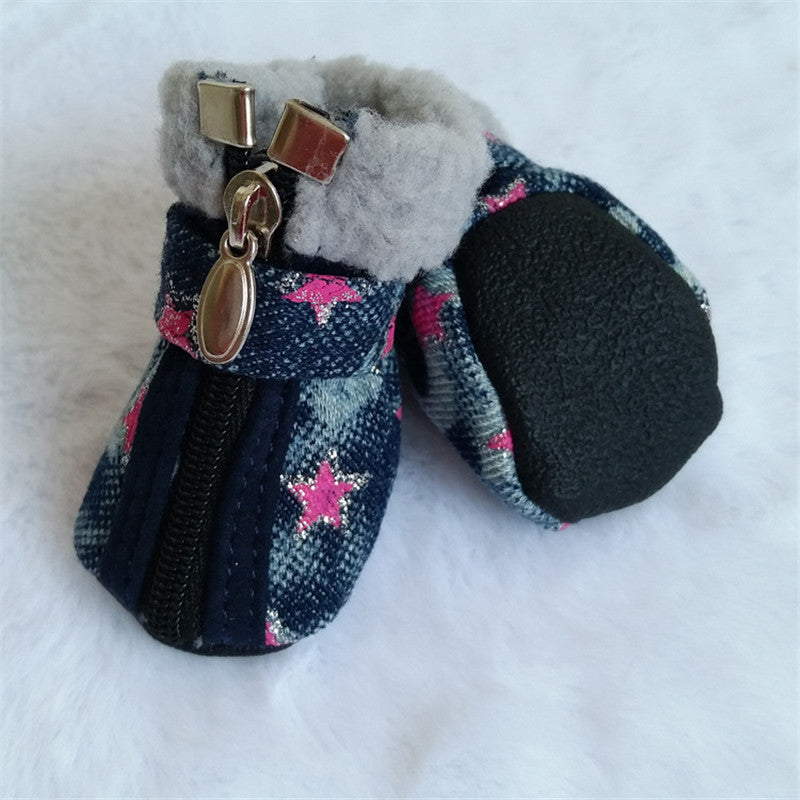 KFX-3448253 Denim Dog Shoes with Anti-Slip Leather and Cotton – White Stars & Pink Stars in Sizes 1-5