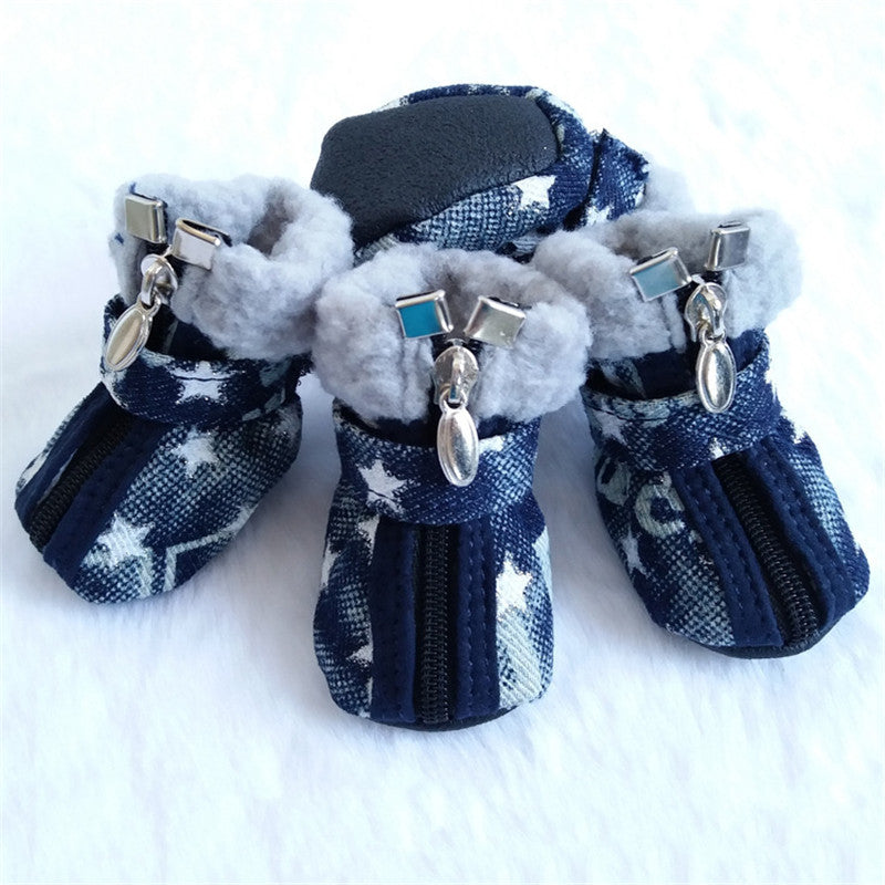 KFX-3448253 Denim Dog Shoes with Anti-Slip Leather and Cotton – White Stars & Pink Stars in Sizes 1-5