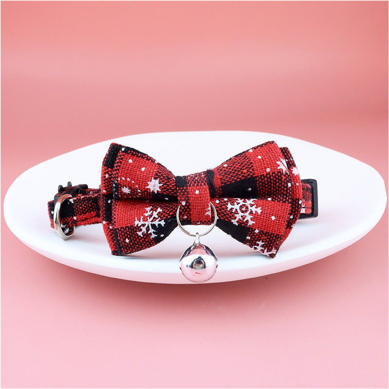 KFX-3453373 Festive Christmas Cat Collar with Detachable Buffalo Plaid Bowtie - Soft and Flexible Design