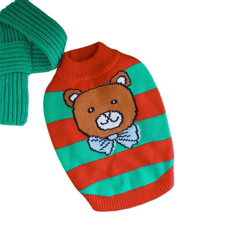 KFX-3455165 Cozy Christmas Knitted Sweater for Dogs with Beret and Scarves - Red and Green Stripes