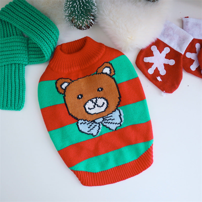 KFX-3455165 Cozy Christmas Knitted Sweater for Dogs with Beret and Scarves - Red and Green Stripes