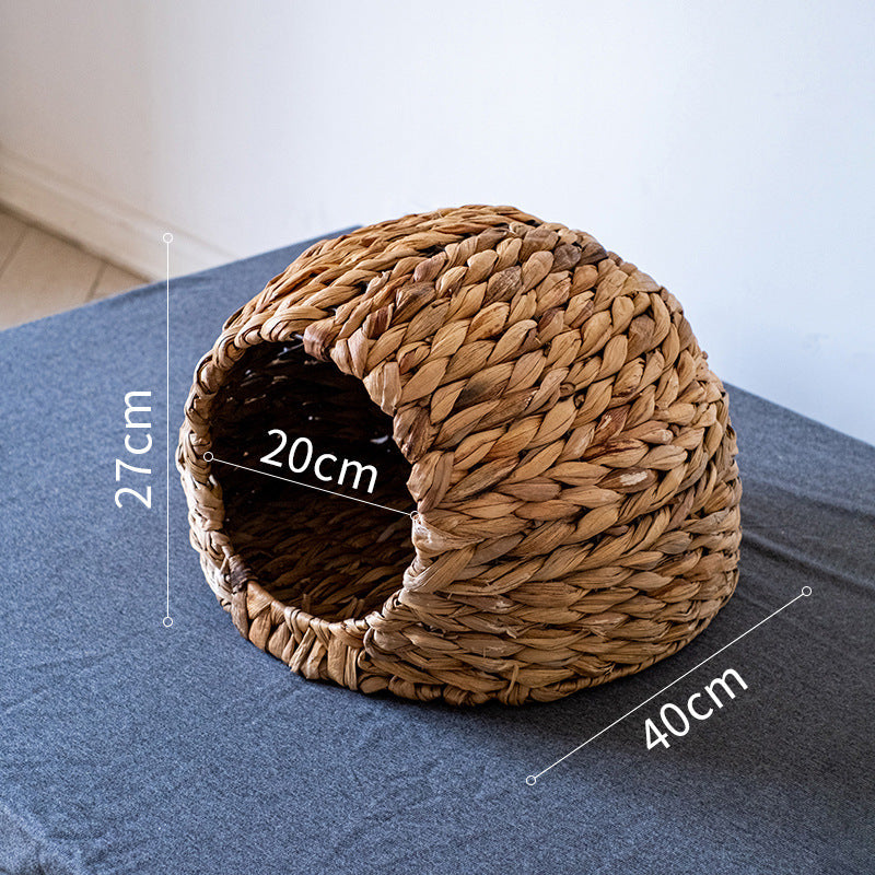 KFX-3461181 Natural Handmade Straw Cat Nest - Breathable, Rustic Design, Water Hyacinth Material