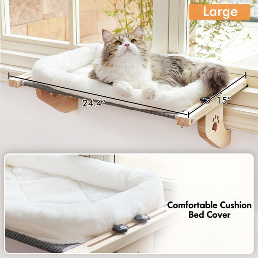 KFX-3466941 Wood Color Hanging Cat Nest Window Hammock with Cotton Cushion for Comfortable Pet Relaxation
