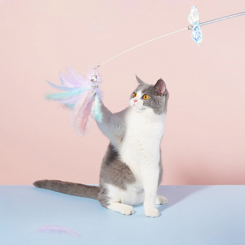 KFX-3469501 Feathered Cat Toy Stick with Bell - Bite Resistant Sounding Toy for Cats